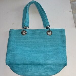 SUN AND SAND TURQUOISE BLUE STRAW TOTE BAG SILVER HARDWARE